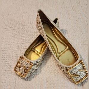 Franco Sarto Woven Tweed Look Beige Ballet Flats Gold Buckle NIB Sz 9 $140
